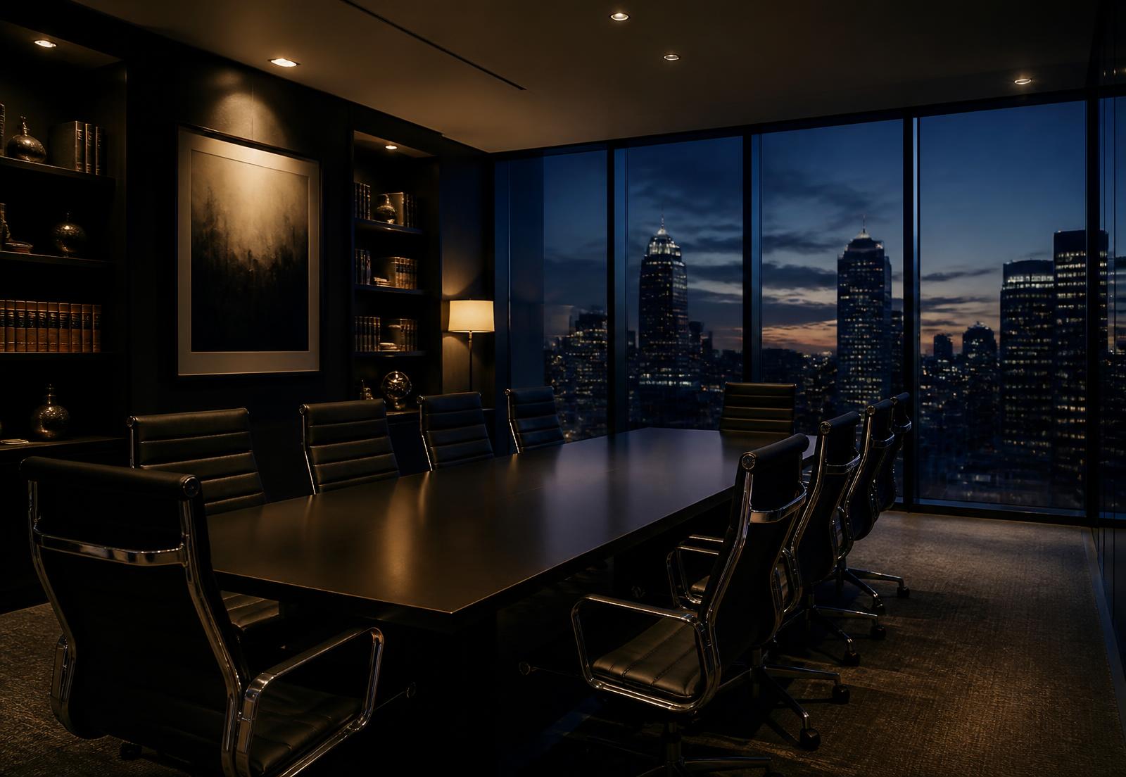Law firm boardroom at dusk overlooking a city skyline